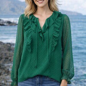 Women's Loft Swiss Green Dot Chifffon Top W/Ruffle Detailing Front & Back S